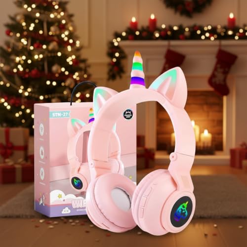 KERHAND Unicorn Kids Bluetooth Headphones Wireless Safe Volume LED Pink