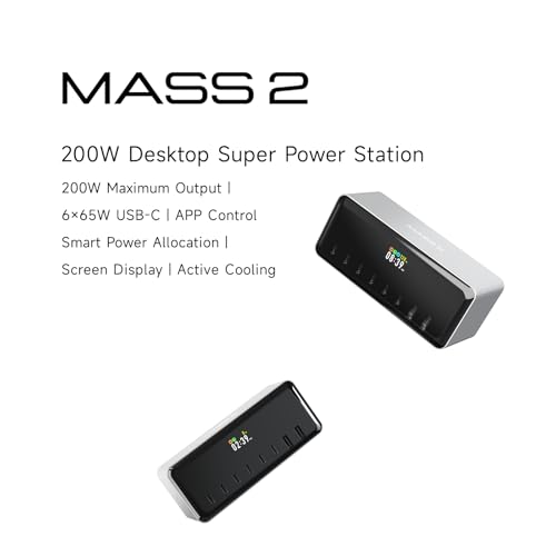 Estação de energia de mesa MASS2 de 200 W, saída de 200 W, 6 portas USB-C, controle de aplicativo, a