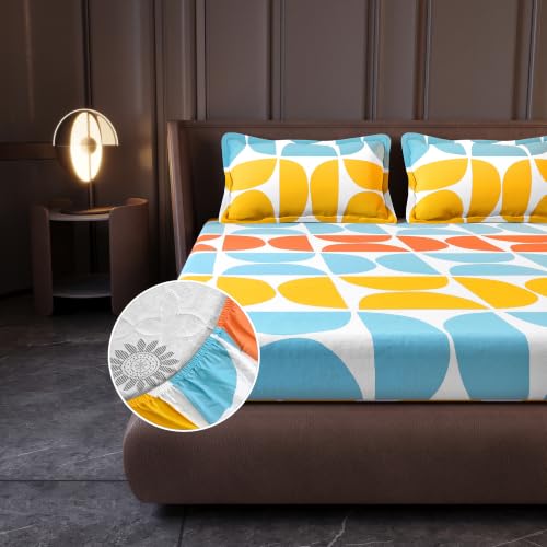 Image of Divine Casa King Size Fitted Bedsheet with 2 Pillow Covers (200 x 180 CM) | Cotton Twill Satin Retro Geometric Print | Orange & Blue Elastic Fitted Sheet for Mattress.
