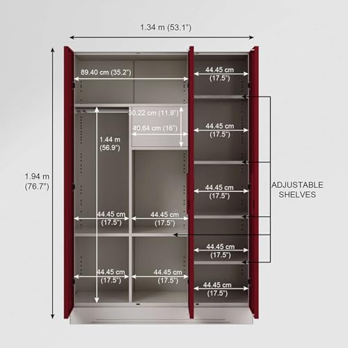 Image of Interio by Godrej Almirah Slimline 3-Door Steel Almirah, Cupboard for Clothes (Textured Caremine Red), 1-Year Warranty, 7 Shelves, 1 Locker