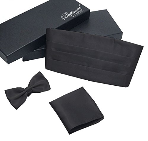 Platinum Hanger Mens Satin Cummerbund Bowtie Hanky Set, 4 Pleat, Large Variety Of Solid Colors Available (Black) #TOP1