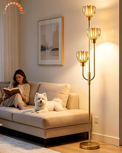 Image of Lightdot 3-Lights Modern Glass Floor Lamp Gold Dimmable Floor Lamps with 3000K Warm White Bulbs for Wedding Party 66IN Tall Standing Lamp with Amber Glass Shade for Living Room /Bedroom /Home Decor
