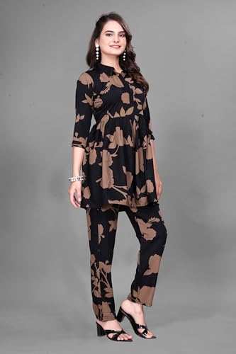 Image of Women Crepe 3 /4 Sleeves V Neck Cord Set Featuring Floral Pattern Design 2 Piece Ethnic Wear Set