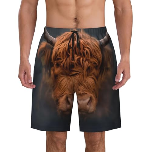 Men's Beach Shorts Highland Cow Mens Swim Trunks Board Shorts with Pockets Swimwear Bathing Suits