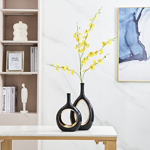Ceramic Vase Set 2 For Black Vases Home Decor, Hollow Round Flower Vases For Decor, Donut Vase, Pampas Grass Vase, Minimalism Decor For Wedding Dinner Table Living Room Bedroom (Black Vase) #TOP2