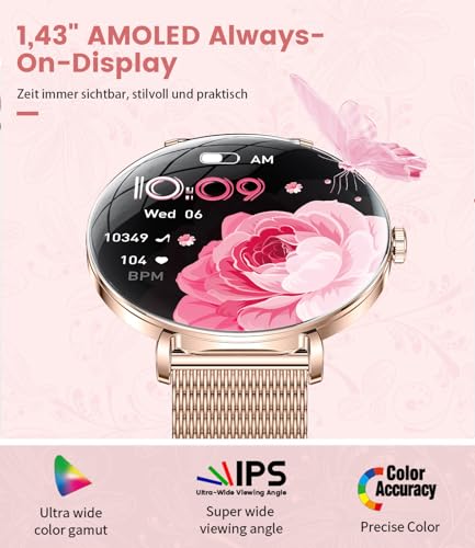 Smartwatch Damen Leichte mit Ultradünn Gebogen AMOLED-Bildschirm Telefonfunktion Schrittzähler/Menstruationszyklus/Herzfrequenz IP68 Wasserfest 100+ Sportmodi Smartwatch für Damen Mädchen Android iOS – Bild 4