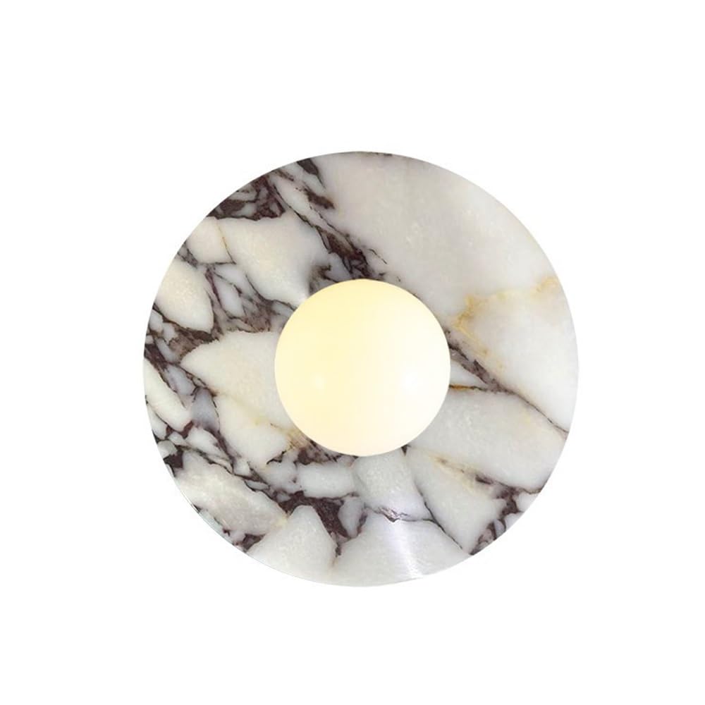 ITOSUI Natural Marble Wall Sconce, Round Stone Wall Light Fixture, Retro Glass Globe Wall Lamp, G9 Base One-of-a-Kind Texture Ambient Light for Bedroom Bedside, Living Room, Hallway Decor(20cm)