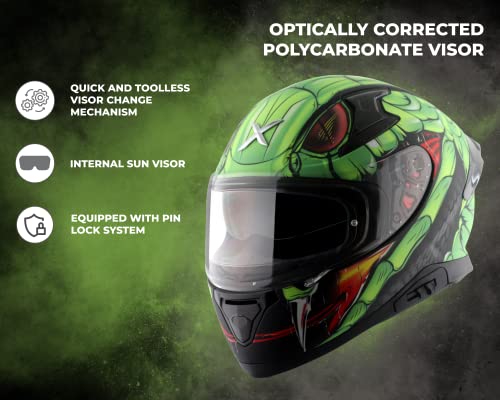 Image of Axor Apex Venomous ISI ECE DOT Certified Full Face Dual Visor Helmet for Men and Women with Pinlock Fitted Outer Clear Visor and Inner Smoke Sun Visor Dull Black Neon Green(M)