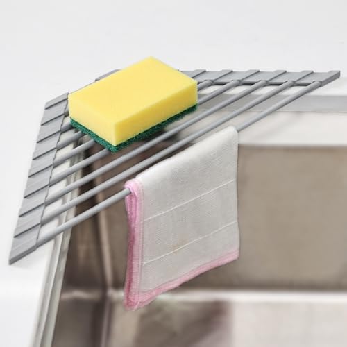 KitchenRaku Scolapiatti da Appoggio 40.8x7.2cm | Tappetino Pieghevole per il Lavandino in Cucina | Acciaio Inox 304 / Silicone | Scolapiatti per il Lavello della Cucina (Grigio Chiaro)