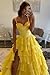 Fair Lady Chiffon Prom Dresses 2026 Tiered Yellow Corset Long Formal Dress for Teens Satin Ruffle Spaghetti Straps V Neck Evening Party Gowns with Slit US4