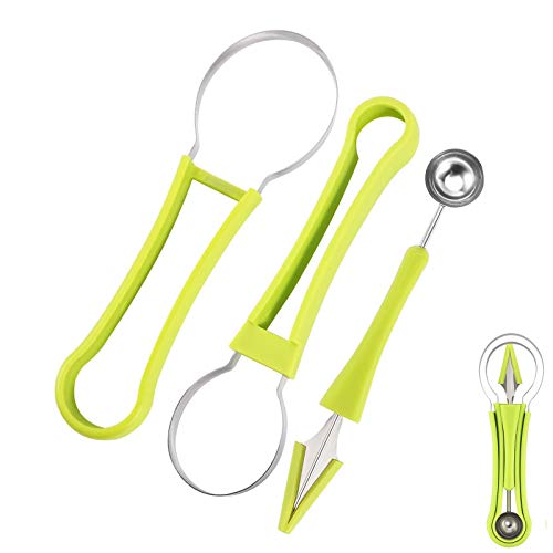 Melon Baller Scoop 4Pcs Melon Baller Scoop Set, 3 In 1 Stainless Steel Fruit Scooper Seed Remover Cutter, Double Sided Melon Baller Spoon, Watermelon Carving Knife For Dig Pulp Separator Fruit Slice #TOP29