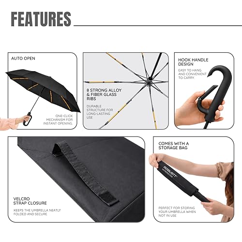 Image of Robustt Auto Open Clutch Umbrella with Carabiner Hook Handle, (Black)| Double Fibreglass Wind-Resistant Frame |for rain & Sun Protection| Lightweight & Compact