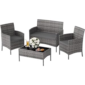 UDPATIO Polyrattan Sitzgruppe Fort 4 Personen Tisch mit 2er Sofa, 2 Stühle & Sitzkissen für Terrasse, Balkon, Garten, Balkonmöbel Rattan Gartenmöbel Set, Grau-meliert & Dunkelgraue Bezüge