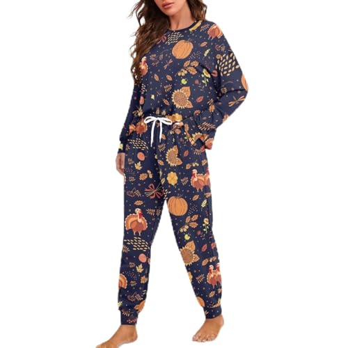 TOFRIMADE Thanksgiving Pjs Women Drawstring Pajamas for Women Set 2 Piece Thanksgiving Pajamas Turkey Pajama Comfy Loungewear Cozy Sleepwear Night Wear Jogger Sets