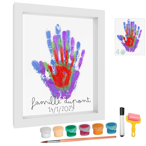 HuBorns - Cadre Empreinte Main Famille et Empreinte Main Pied Bebe avec Espace pour 4 Empreintes, Kit Empreinte Bebe pour Peindre les Mains de Toute la...