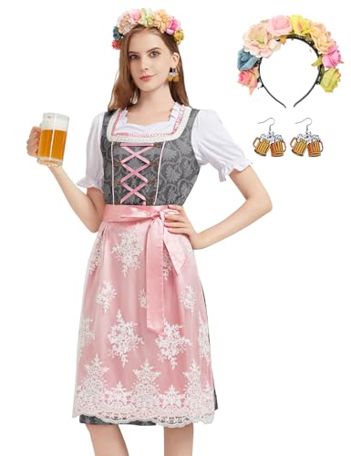 Hislovy Dirndl Damen, 5 Teiliges Oktoberfest Damen Outfit Dirndl-Komplettsets Trachtenkleid Midi für Karneval Cosplay (Grau, L)