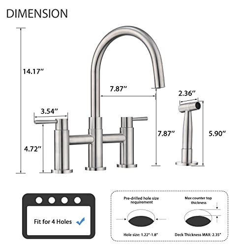 Dornberg Bridge Kitchen Faucet With Side Sprayer, 2 Handle Farmhouse Sink Faucet Spot-Free Stainless Steel, 4 Hole For Easy To Install - Brushed Nickel #TOP4