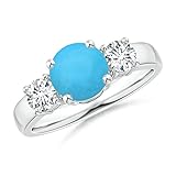 Angara Natural Turquoise and Diamond Three Stone Ring for Women in Sterling Silver Size-6 (Grade-AAA | Size-7mm) | December Birthstone Jewelry Gift for Her | Wedding | Anniversary | Engagement
