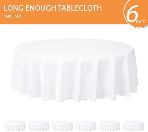 Miniatura 4 de Paquete de 6 manteles redondos blancos de 120 pulgadas (119.7 in) - Mantel de poliéster lavable de tela decorativa para bodas, restaurantes, fiestas.