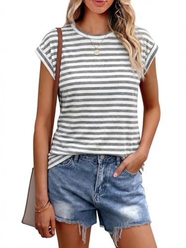Cuptacc T-Shirt Women's Tops Summer Crew Neck Tops Women's Elegant Basic Blouse Short Sleeve Tank Top Business Outfit, Grey stripes, S