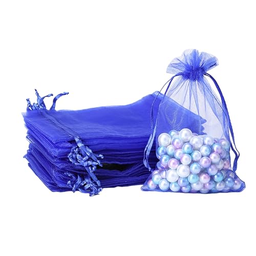 POPOYU 100 bolsas de organza, 9 x 12 cm, color azul real, bolsas de organza con cordón, bolsas de peladillas para bomboneras, bodas, caramelos, joyas