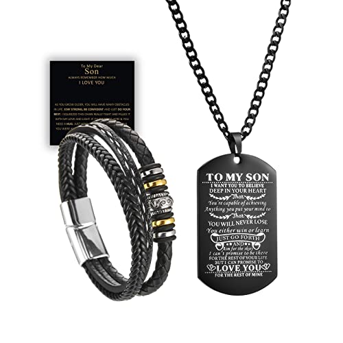 Set Of 2 To My Son Bracelet From Mom Braided Leather Alloy Clasp Bracelet With You Will Never Lose Dog Tag Necklace Multi-Layered Inspirational Bracelet Bangle Wristband For Men Boys Birthday Graduation Christmas Valentine's Day Gifts #TOP11