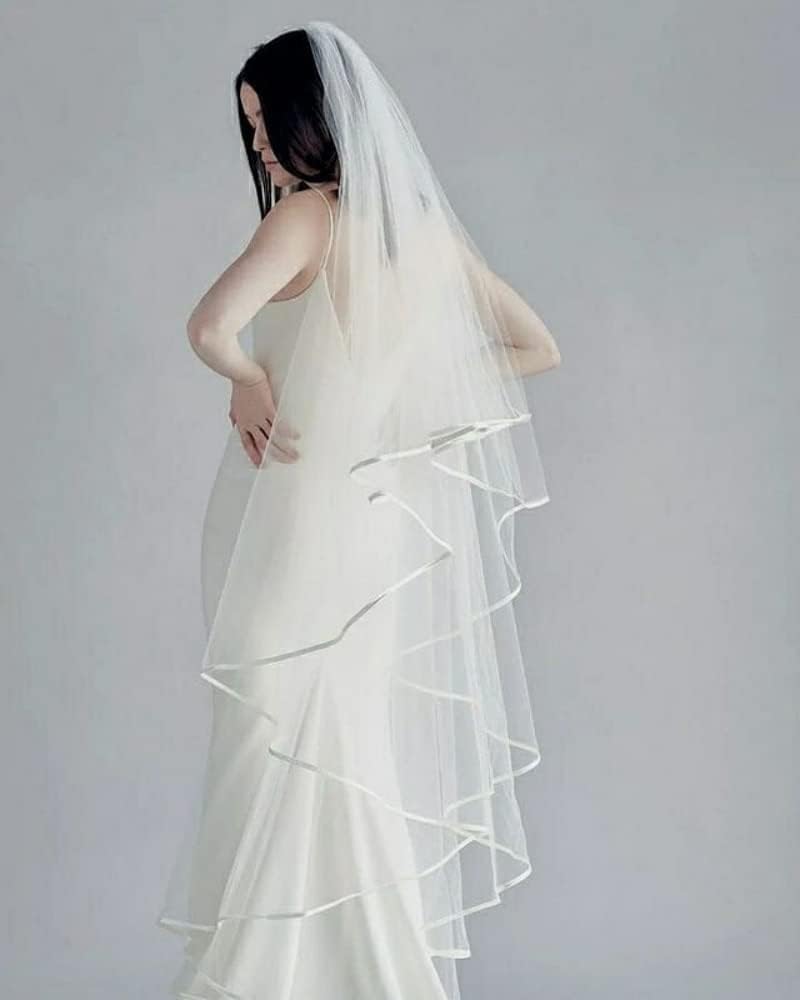 NOBRIM Bridal Veils 2 Layer Ribbon Edge Bridal Veil with Comb Wedding Veil with Elbow Length Veil Lady Party Wedding