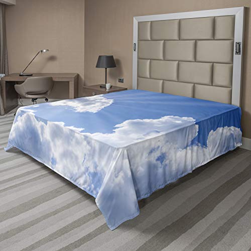 Ambesonne Landscape Flat Sheet, Sun Rays Breaking Through The Clouds Atmosphere Nature Scenery Picture, Soft Comfortable Top Sheet Decorative Bedding 1 Piece, California King, Blue White