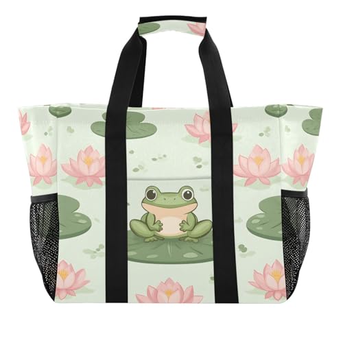 Large Waterproof Travel Tote Bag for Women Men, Summer Frog Lotus Flowers Canvas Beach Bag with Lining & Pockets - Reusable Grocery/Laundry/Kitchen/Pool/Picnic Tote (15.4x9.8x12.8in)