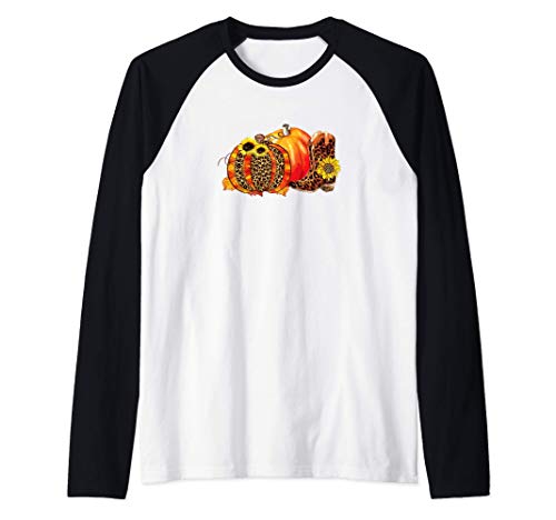 Fall Leopard Pumpkin Halloween with Boots and Sunflowers Raglan Baseball Tee