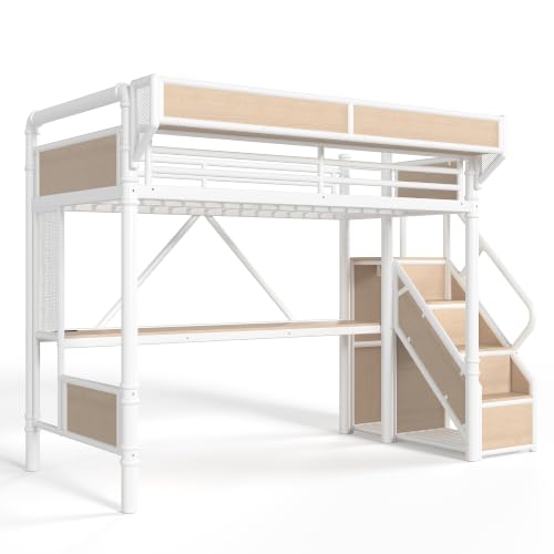 Image of Bellemave Twin loft Bed with Storage Stairs, Wardrobe, Shelves, Metal Twin Loft Bed Frame for Adults, Kids, Teens, White+Natural Wood with Stairs