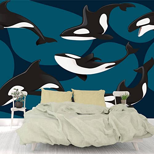 Afwadfwa Modern 3D Removable Wallpaper Self-Adhesive Seamless Killer Whale Orca Cartoon Wall Murals Peel And Stick Wall Stickers For Living Room Bedroom Wall Decor #TOP6