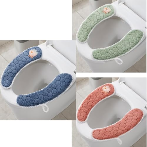 3 Paar Plüsch-WC-Sitzbezüge, warm, dick, gepolstert, rutschfest, weich, waschbar, Badezimmerwärmer mit selbstklebendem Klebeband