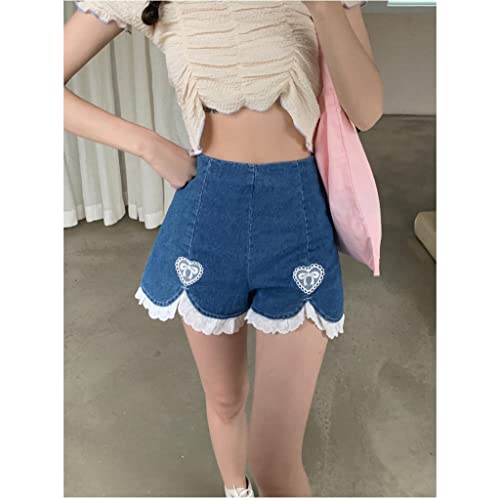 Women's Denim Shorts Casual Korean Fashion Baggy High Waist Lace Edge A-Line Hot Pants Summer Straight Thin Jeans (Color : Blue, Size : 2Xl Code) #TOP4