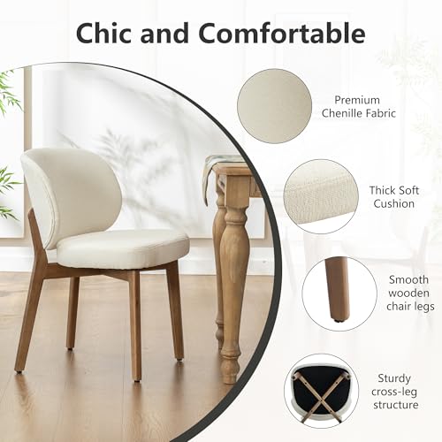 Image of YOUNIKE Dining Chairs Set of 3 Modern Kitchen Dining Room Chairs Beige | Chenille Fabric Upholstered Armless Side Accent Chair with Back Wide Padded Seat Wooden Leg, Soft, Breathable, Comfortable