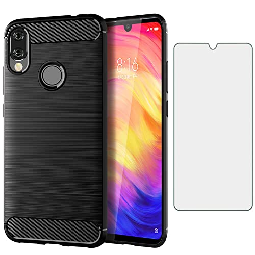 Asuwish Compatible with Xiaomi Redmi Note 7/7Pro Case and Tempered Glass Screen Protector Cell Accessories TPU Full Body Protective Phone Cover for Redme Note7 Pro 7s Women Men Carbon Fiber Dark Black