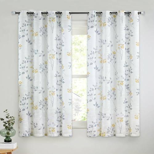 Image of Beauoop Floral Linen Semi Sheer Curtains Living Room Yellow Grey 50x63x2