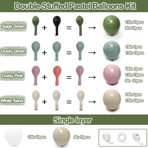 Image of Sage Green Pink Balloon Garland Double Stuffed Dusty Pink Green White Sand Balloons Rose Cream Balloon Arch Kit for Birthday Baby Shower Gender Reveal Wedding Wildflower Graduation Party Decorations