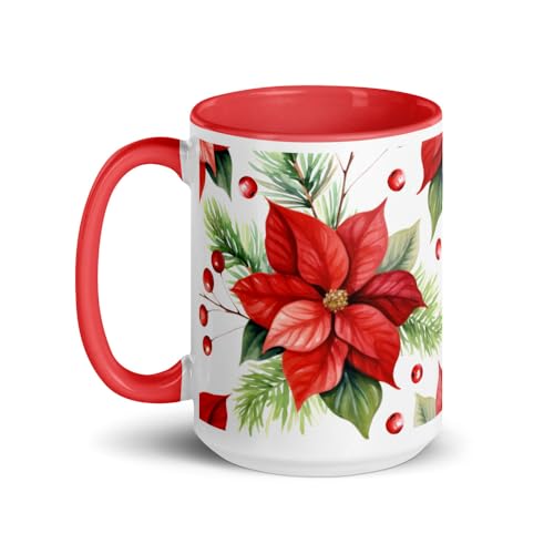 EduCyber Academy Christmas Coffee Mug Tea Mocha Latte Poinsettia Cup with Color Handle and Inside Holiday Watercolor Décor Gift for Family