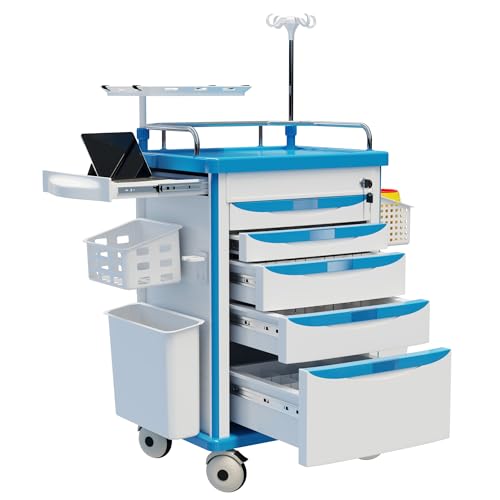 Fuzren Medical Rolling Storage Crash Cart with Wheels, 5-Tier Medical Cart with Drawers, Adjustable IV Pole, Trash Bin & O2 Holder, Needle Disposal Holder, Silent Casters, Ideal for Hospitals (Blue)