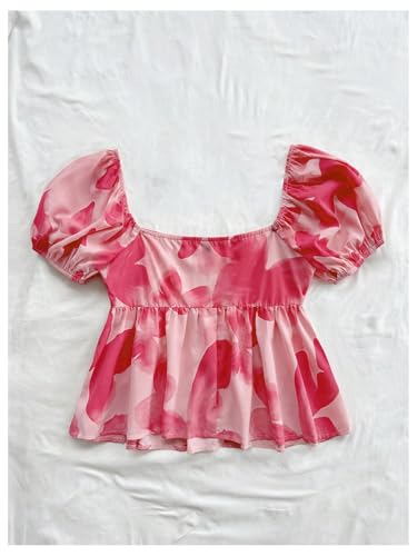 Girl's Floral Print Puff Short Sleeve Blouse Square Neck Boho Ruffle Peplum Shirt Tops2