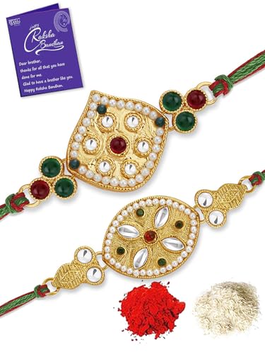 Image of Sukkhi Elegant Kundan Designer Gold Plated Premium Rakhi for Brother, Roli Chawal & Greeting Card | Combo-Set of 2