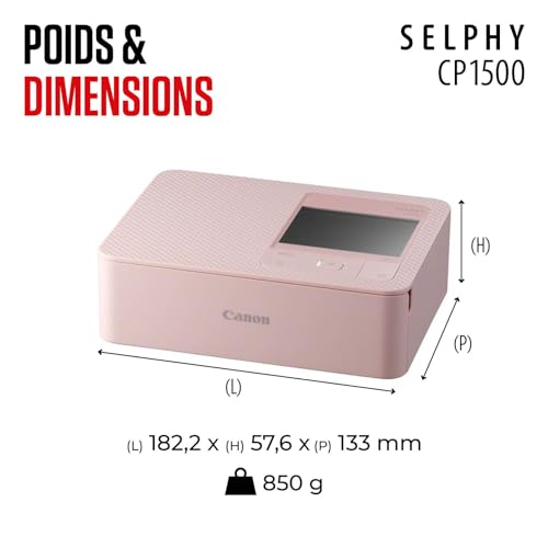 Canon SELPHY CP1500 Imprimante Photo Portable – Impression sans Fil, Impressions Durables, Connectivité USB-C & Carte SD – Imprimante Portable Idéale pour Le Scrapbooking et Les Albums Photo, Pink
