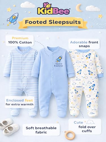 Image of Kidbee Baby Boys & Girls Full Sleeves Cotton Footed Romper Sleepsuit Pack of 3
