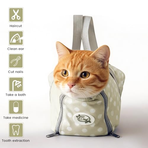 Image of Cinf Cat Nail Clipping Cleaning Grooming Restraint Bag (Free Muzzle) No Scratching Biting for Bathing Nail Trimming Injecting Examining((Beige Gray&Dot,M)