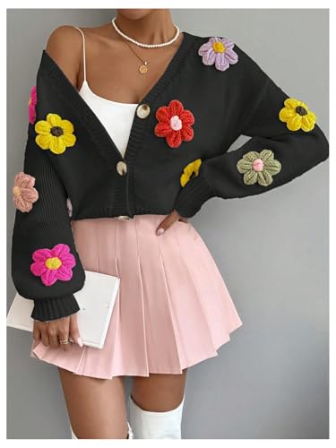 Image of SHENHE Women's Button Down Flower Cardigan V Neck Open Front Knit Crop Cardigan Sweater