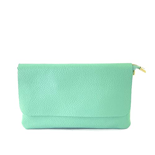 Pochette femme en cuir véritable fabriqué en Italie élégante et chic couleur menthe