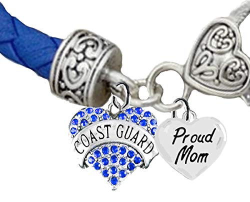 Coast Guard, Proud Mom Heart Charm Genuine Leather Bracelet, Hypoallergenic, Safe- Nickel, Lead, and Cadmium Free