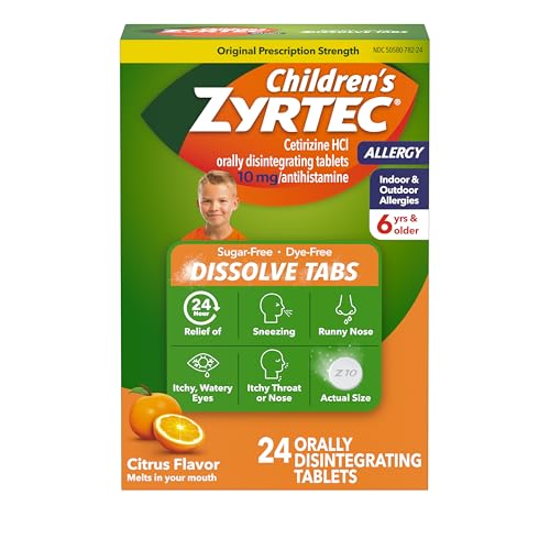 Image of Zyrtec Children's 24 Hour Dissolving Allergy Relief Tablets with 10 mg Cetirizine Hydrochloride Antihistamine, Dissolvable Allergy Medicine for Kids Ages 6 Years+, Citrus Flavor, 24 ct