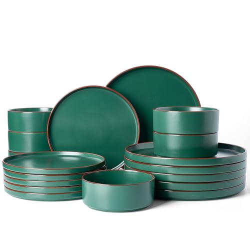 Image of Famiware Nebula Ridge Stoneware Dinnerware Sets for 6, Plates and Bowls Sets, 18 Pieces Dishes Set, Microwave and Dishwasher Safe Kitchen Plates, Dark Green